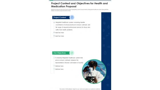 Project Context And Objectives For Health And Medication Proposal One Pager Sample Example Document Project Context And Objectives For Health And Medication Proposal One Pager Sample Example Document