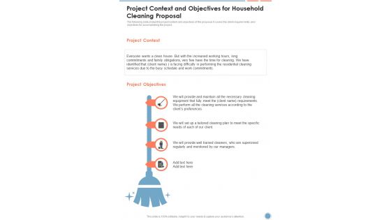 Project Context And Objectives For Household Cleaning Proposal One Pager Sample Example Document