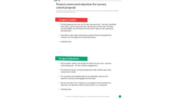 Project Context And Objectives For Nursery School Proposal One Pager Sample Example Document