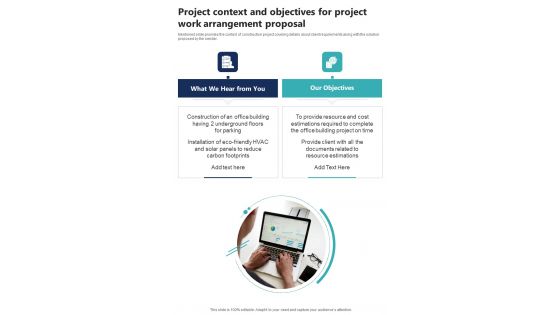 Project Context And Objectives For Project Work Arrangement One Pager Sample Example Document