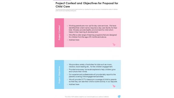 Project Context And Objectives For Proposal For Child Care One Pager Sample Example Document