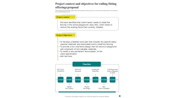 Project Context And Objectives For Railing Fitting Offerings Proposal One Pager Sample Example Document