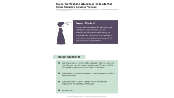 Project Context And Objectives For Residential House Cleaning Services One Pager Sample Example Document