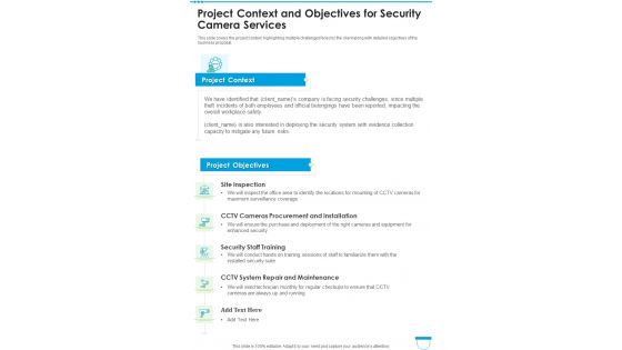 Project Context And Objectives For Security Camera Services One Pager Sample Example Document