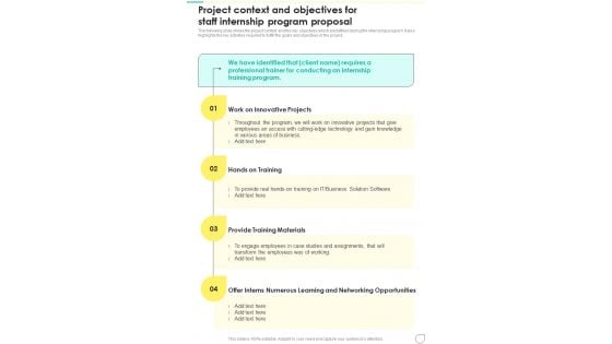 Project Context And Objectives For Staff Internship Program Proposal One Pager Sample Example Document Project Context And Objectives For Staff Internship Program Proposal One Pager Sample Example Document