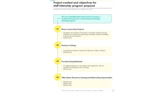 Project Context And Objectives For Staff Internship Program Proposal One Pager Sample Example Document