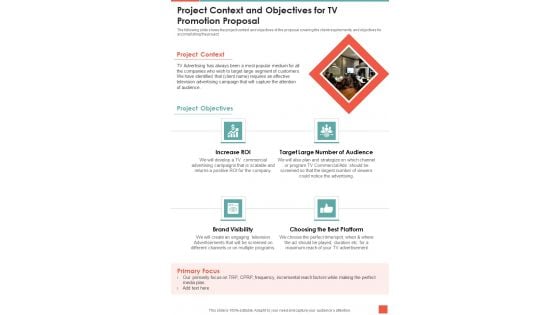 Project Context And Objectives For TV Promotion Proposal One Pager Sample Example Document