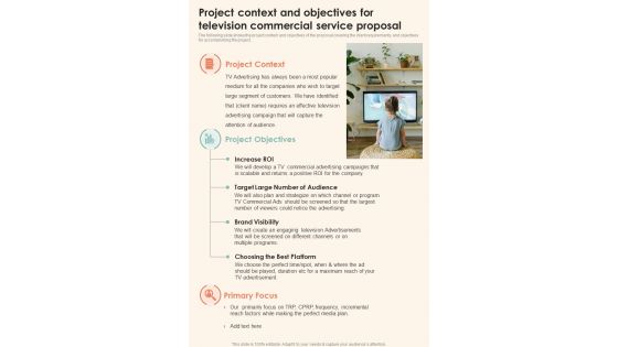 Project Context And Objectives For Television Commercial Service One Pager Sample Example Document Project Context And Objectives For Television Commercial Service One Pager Sample Example Document