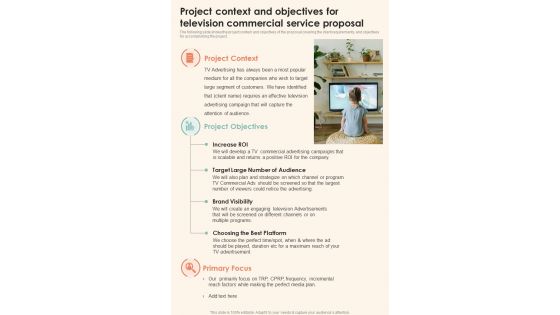 Project Context And Objectives For Television Commercial Service One Pager Sample Example Document