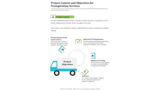 Project Context And Objectives For Transpiration Services One Pager Sample Example Document Project Context And Objectives For Transpiration Services One Pager Sample Example Document