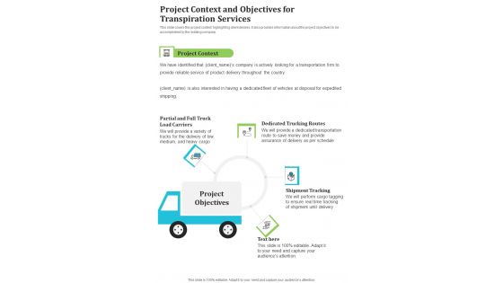 Project Context And Objectives For Transpiration Services One Pager Sample Example Document