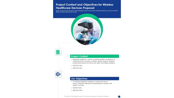 Project Context And Objectives For Wireless Healthcare Devices Proposal One Pager Sample Example Document