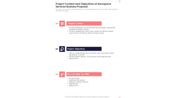 Project Context And Objectives Of Aerospace Services Business Proposal One Pager Sample Example Document Project Context And Objectives Of Aerospace Services Business Proposal One Pager Sample Example Document