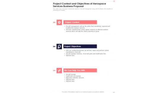 Project Context And Objectives Of Aerospace Services Business Proposal One Pager Sample Example Document