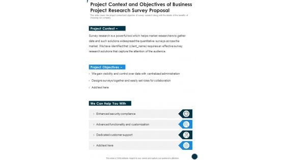 Project Context And Objectives Of Business Project Research Survey Proposal One Pager Sample Example Document