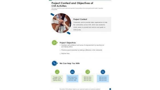 Project Context And Objectives Of CSR Activities One Pager Sample Example Document