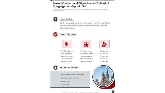 Project Context And Objectives Of Cathedral Congregation Organization One Pager Sample Example Document