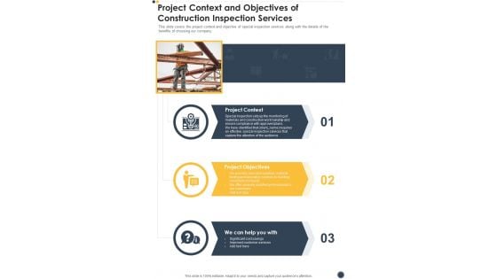 Project Context And Objectives Of Construction Inspection Services One Pager Sample Example Document