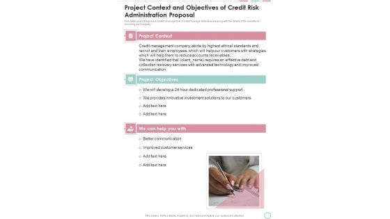 Project Context And Objectives Of Credit Risk Administration Proposal One Pager Sample Example Document