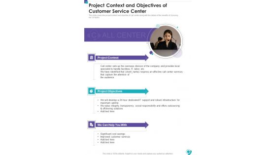 Project Context And Objectives Of Customer Service Center One Pager Sample Example Document