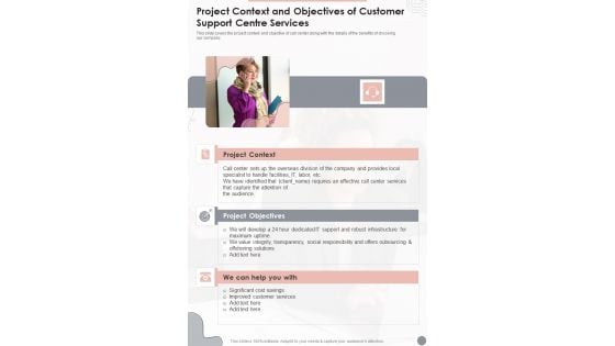 Project Context And Objectives Of Customer Support Centre Services One Pager Sample Example Document