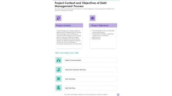 Project Context And Objectives Of Debt Management Process One Pager Sample Example Document Project Context And Objectives Of Debt Management Process One Pager Sample Example Document