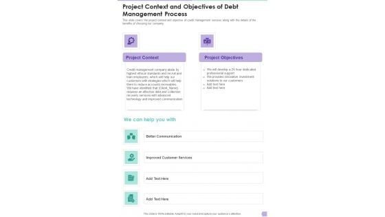 Project Context And Objectives Of Debt Management Process One Pager Sample Example Document