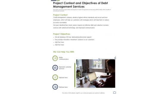 Project Context And Objectives Of Debt Management Services One Pager Sample Example Document