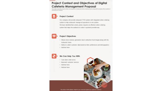 Project Context And Objectives Of Digital Cafeteria Management Proposal One Pager Sample Example Document