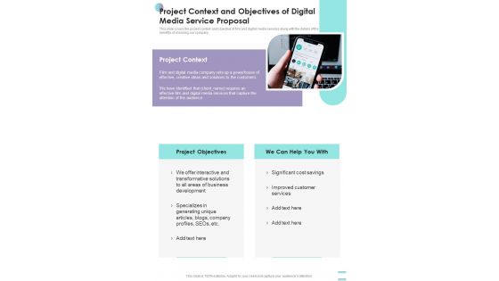 Project Context And Objectives Of Digital Media Service Proposal One Pager Sample Example Document Project Context And Objectives Of Digital Media Service Proposal One Pager Sample Example Document