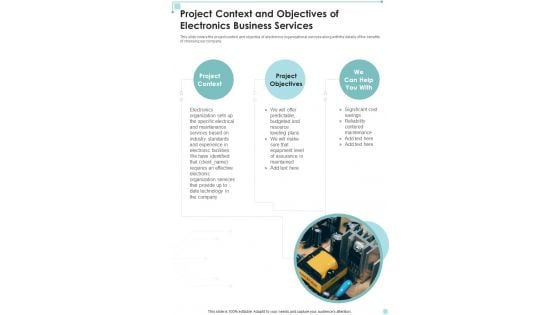 Project Context And Objectives Of Electronics Business Services One Pager Sample Example Document