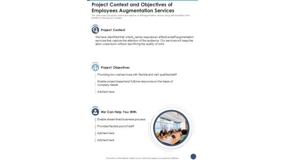 Project Context And Objectives Of Employees Augmentation Services One Pager Sample Example Document Project Context And Objectives Of Employees Augmentation Services One Pager Sample Example Document