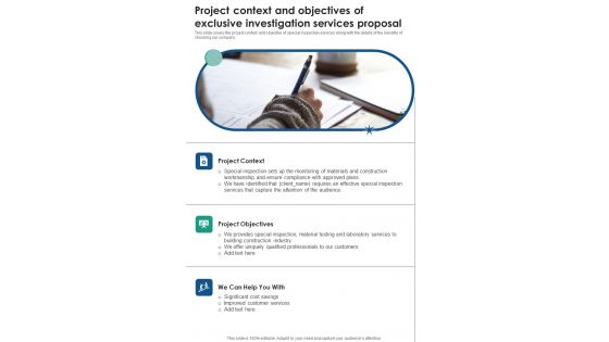 Project Context And Objectives Of Exclusive Investigation Services Proposal One Pager Sample Example Document Project Context And Objectives Of Exclusive Investigation Services Proposal One Pager Sample Example Document