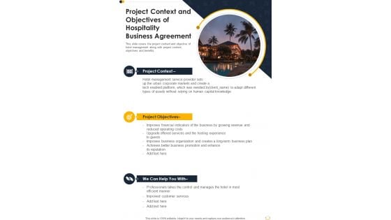 Project Context And Objectives Of Hospitality Business Agreement One Pager Sample Example Document Project Context And Objectives Of Hospitality Business Agreement One Pager Sample Example Document