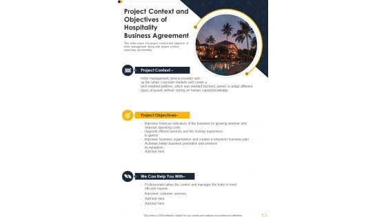 Project Context And Objectives Of Hospitality Business Agreement One Pager Sample Example Document