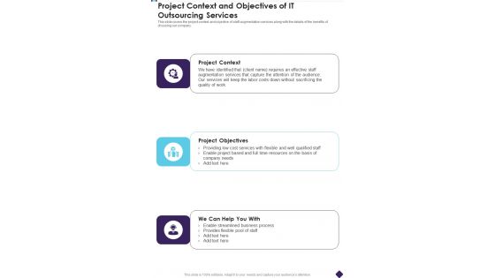 Project Context And Objectives Of IT Outsourcing Services One Pager Sample Example Document