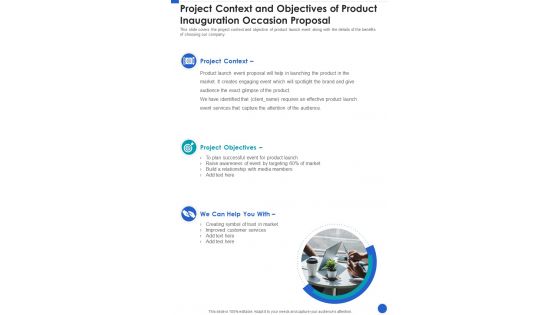 Project Context And Objectives Of Product Inauguration Occasion Proposal One Pager Sample Example Document