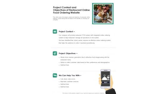 Project Context And Objectives Of Restaurant Online Food Ordering Website One Pager Sample Example Document