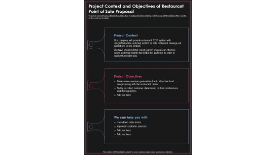 Project Context And Objectives Of Restaurant Point Of Sale Proposal One Pager Sample Example Document