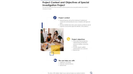 Project Context And Objectives Of Special Investigation Project One Pager Sample Example Document