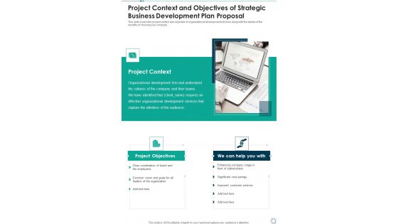 Project Context And Objectives Of Strategic Business Development Plan Proposal One Pager Sample Example Document