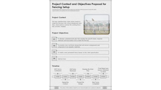 Project Context And Objectives Proposal For Fencing Setup One Pager Sample Example Document