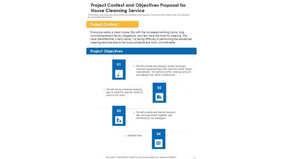 Project Context And Objectives Proposal For House Cleansing Service One Pager Sample Example Document