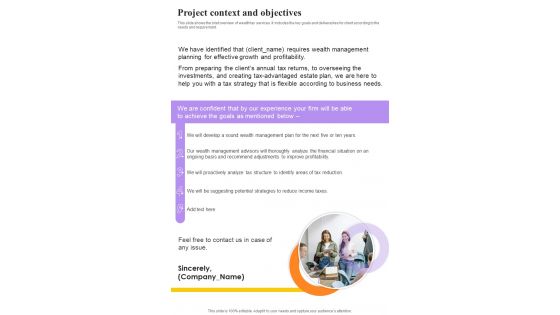 Project Context And Objectives Proposal For Wealth Tax Contractual Services One Pager Sample Example Document Project Context And Objectives Proposal For Wealth Tax Contractual Services One Pager Sample Example Document
