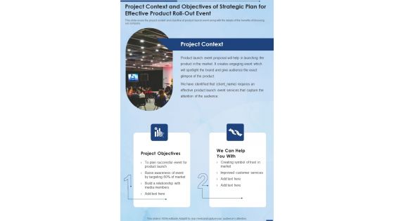 Project Context And Strategic Plan For Effective Product Roll Out Event One Pager Sample Example Document