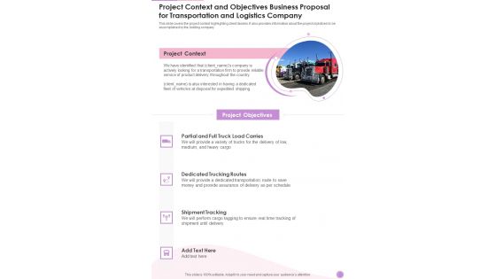 Project Context Business Proposal For Transportation And Logistics One Pager Sample Example Document