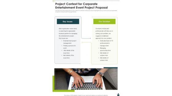 Project Context For Corporate Entertainment Event Project Proposal One Pager Sample Example Document