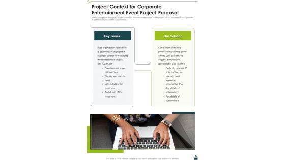 Project Context For Corporate Entertainment Event Project Proposal One Pager Sample Example Document