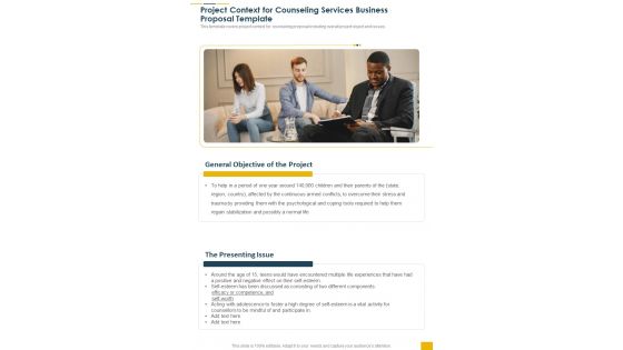 Project Context For Counseling Services Business Proposal Template One Pager Sample Example Document