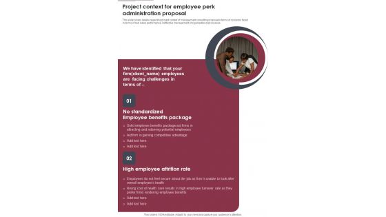 Project Context For Employee Perk Administration Proposal One Pager Sample Example Document Project Context For Employee Perk Administration Proposal One Pager Sample Example Document